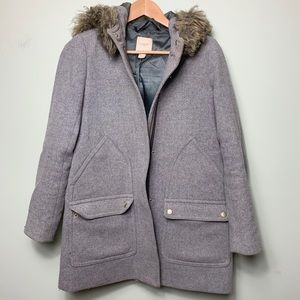 J Crew Factory Wool Blend Gray Coat Parka Faux Fur Hood